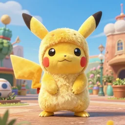 upper half portrait, of a anthropomorphic asian girl wearing a pikatchu costume, in the style of zootopia, far shot, 5 feet away