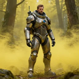 a detailed portrait full-body of man wearing ultra detailed intricate ornate scifi hazmat suit, in forest,  yellow volumetric fog,  by Tomasz Alen Kopera and Peter Mohrbacher, 8k