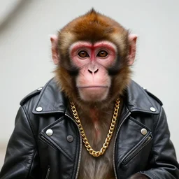 monkey wearing leather jacket and gold chain, realistic