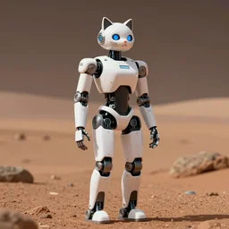 high quality presentation photo of a cat-like female robot on mars, photography 4k, f1.8 anamorphic, bokeh, 4k, Canon, Nikon