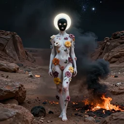 The full body shot of beautiful pale woman with many flowers on her skin and full-face black mask with glowing halo, a thick black smoke in rocky desert landscape, glowing eyes, falling star on the background, burning earth by Christopher Doyle, Gaspar Noe, Alejandro Jodorowsky, anamorphic lens, cinematic composition, award winning photo, 8k