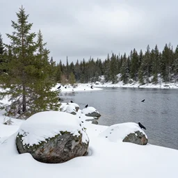 beautiful, serene, snowy landscape. rocks, spruces. lake. cloudy day. crows. professional wildlife photography. 8 k.
