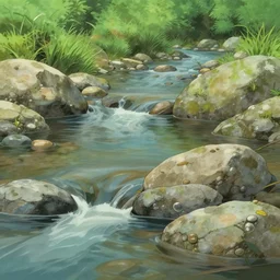 close shot of creek with rocks and pebbles, studio ghibli background painting, anime background