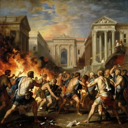 the fall of rome, dramatic neoclassical painting, classical architecture, romans, fire and chaos, very detailed, award winning, invasion