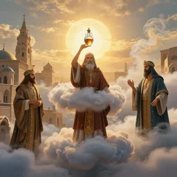 a byzantine priest is carrying a small genie bottle surrounded by heavenly clouds in a Byzantine city, a persian genie is surrounded by smoke, concept art, beautiful light, golden hour, symmetry, very coherent, realistic, by James Gurney and Simon Stalenhag and Greg Rutkowski, trending on artstation, cinematic, 85mm lens