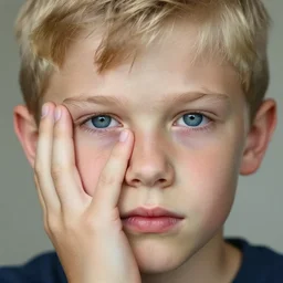 portrait of a boy with his right hand on his face, extremely realistic and real, photorealistic, blonde hair and blue eyes, detailed facial structure, real eyes that are detailed,