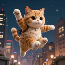 hyperrealistic hyper detailed choonky catman jumping, backrgound the city at night graphic novel concept art pascal blanche sharp cinematic lighting 8k low angle shallow depth of field