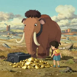 a woolly mammoth dj and a small boy searching for gold in the vast post - apocalyptic wasteland. in the style of studio ghibli