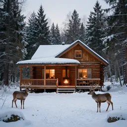a log cabin with a fireplace and a wraparound porch in canada winter forest with deers by log cabin, cinematic look, god lighting, 4 k, beautiful landscape