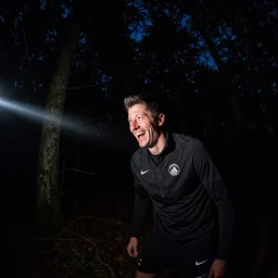 laughing robert lewandowski caught on trail cam at night, in a dark forest, lit by a flashlight, fisheye!!!