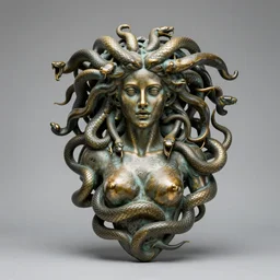 bronze sculpture of medusa, whole body covered by intricate tattoos of snakes, professional photography, imposing