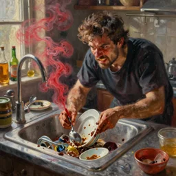 oil painting still of kitchen sink full of dirty dishes with red smoke coming out, angry man, high detail