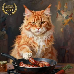 beautiful impressionist painting of an orange maine coon with a white beard cooking some sausages on a pan