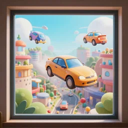 a window that reveals a colorful world that has flying cars around