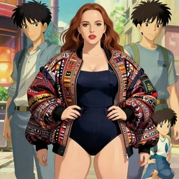 a beautiful plus sized model japanese natalie portman, alluring plus sized model, wearing oversized mayan bomber jacket and leotard with overalls, bulky poofy bomber jacket with mayan patterns, aztec street fashion, gapmoe yandere grimdark, trending on pixiv fanbox, painted by greg rutkowski makoto shinkai takashi takeuchi studio ghibli, akihiko yoshida