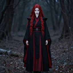 small, thin, delicate, beautiful female sith warrior with smooth porcelain skin and long flowing red hair, wearing black and red imperial uniform with cape, outdoors in the forest in winter, dark shadowy gothic aesthetic, full body portrait, centered composition, extremely detailed