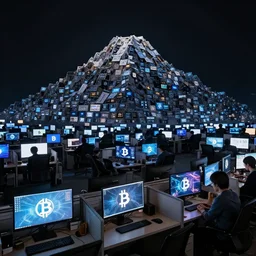a mountain made out of computer screens in a crowded office with cubicles, the computer screens have bitcoin logos, unreal engine 5, harsh contrast lighting