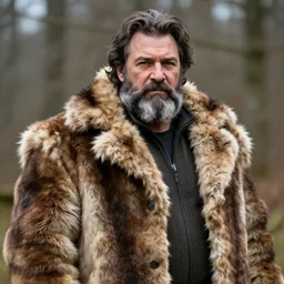 a middle - aged burly lumberjack with a beard, dark hair, wearing a fur coat
