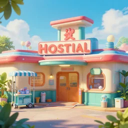 retro hospital concept art, colorful, 8 k photorealistic, hd, high details, trending on artstation