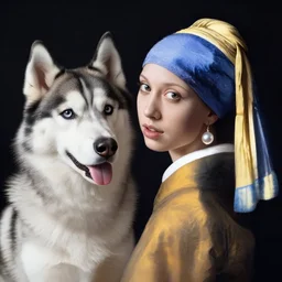 girl with a pearl earring but as a siberian husky dog, ultra realistic, very detailed
