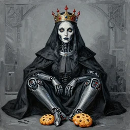 Snugglecore a demonic Cult Leader Priestess Robotic whilst wearing Crown Of blood lawyer Karen Balsamund portrait portrait Face eyes Wearing Snickerdoodles on her Calves in July Intaglio Brushstrokes by tom bagshaw Anato Finnstark Ismail Inceoglu Vibrant Shades of Gray and Black