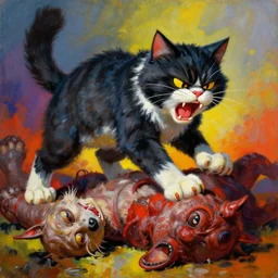 oil painting of grumpy cat roaring as it steps over it's fallen enemy's bodies, boris vallejo, vibrant, high contrast