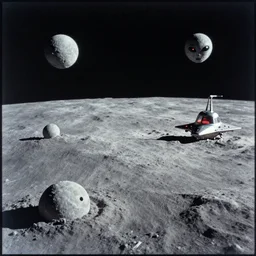 aliens and spacecraft on the surface of the moon, supernatural. 1 9 7 0's vintage photo, frosted texture.