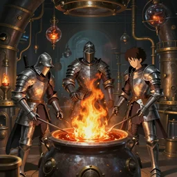 hooded warriors in plate mail brew fire - proof oil in a massive steampunk alchemy lab cauldron. fantasy anime, by anato finnstark and hayao miyazaki, 8 k, extreme detail, sharp focus, octane render