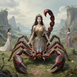 portrait of a scorpion goddess, full body shot, rule of thirds, wide angle, amazing landscape background, fantasy, whimsical, horror, art by chengwei pan and josephine wall and hr geiger and amanda sage, intricately detailed, highly detailed, luxurious, elegant, clean, unsettling, trending on artstation