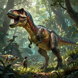 raptor trex dinosaur jurassic park world ark evolution land before time forest creature epic digital fantasy style beeple, by thomas kinkade hearstone league of legends dofus overwatch concept art, style of makoto shinkai, xision, james jean and peter mohrbacher, studio ghibli, artgerm, karol bak, dan mumford