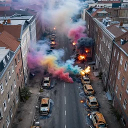 post - apocalyptic kreuzberg streets covered in colorful smoke, burned cars, explosions, hyperrealistic, gritty, damaged, drone photography, photorealistic, high details