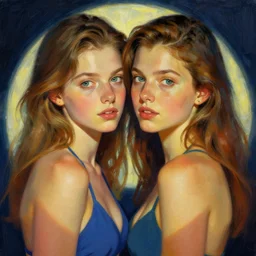 portrait of two beautiful girls, intimate, vibrant colors, beautiful face, rule of thirds, bikinis, spotlight, by greg rutkowski, by jeremy mann, by francoise nielly, by van gogh, digital painting