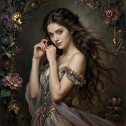 portrait of a young female wizard in flowing sensual dress, arrogant, long fine flowing hair, delicate, looking at camera, slight nerdy awkward smile, realistic face, realistic hands, stylish, elegant, grimdark fantasy, flowers, mysterious, extremely detailed painting inspired by Gerald Brom and Ernst Haeckel and Victor Nizovtsev, studio lighting