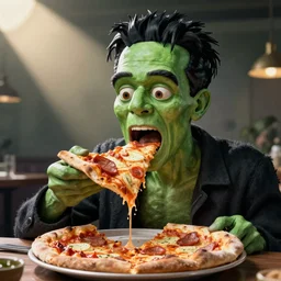 frankenstein eating a slice of pizza with his mouth wide open