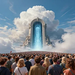 crowd of people, water portal to hell located in heaven, photorealistic, rule of thirds, 4 k, alvah angelrune, michelangelo, colorfull