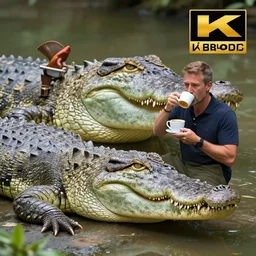 photo of a man talking to a huge crocodile while having coffee, award - winning photograph, national geographic, high definition, trending on facebook, 8 k