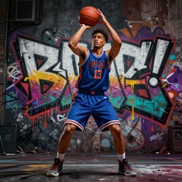 basketball!!! with graffiti!!! background, digital illustration, hyperrealistic, photorealistic, hip - hop, award winning, trending on artstation, rendered in octane, rendered in unreal engine 5, beautiful colors, dark, gritty, urban