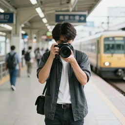 男 、 駅 前 、 カメラ