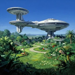 beautiful matte painting of green gardens on a futuristic sci-fi space station, cinematic angle, cinematic lighting, blue sky, by Syd Mead, John Harris, Federico Pelat
