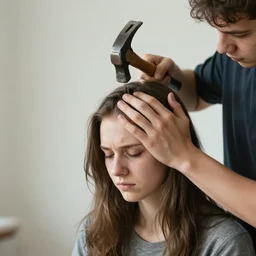 boy hammering girl head, photorealistic, painful, mentally attractive