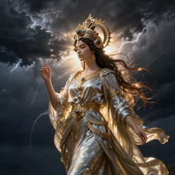 goddess of the storm by Annie Swynnerton and Nicholas Roerich, strong dramatic cinematic lighting , ornate headdress , flowing robes, lost civilizations, smooth, sharp focus, extremely detailed