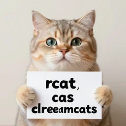 realistic high quality photo of a cute cat holding a sign with text that reads : dream, cat, cas, cats cat dreamcats,