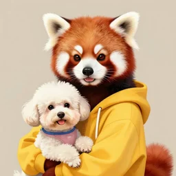 beautiful portrait commission of a female furry anthro red panda in a yellow hoodie, holding a bichon frise dog, trending on artstation,