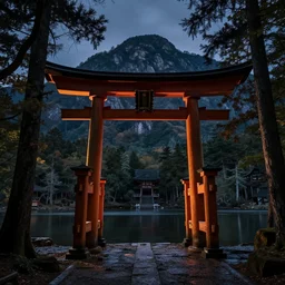 Japanese Torii in a moutain with trees ,night , by Grzegorz Rutkowski, concept art