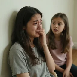 4 0 - year - old woman leans against the wall, crying softly, the girl next to her looks at her in surprise
