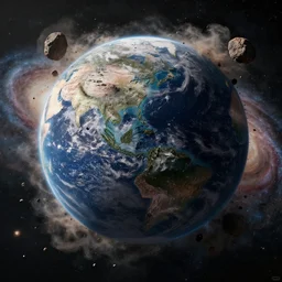The end of the world, massive asteroid hits planet earth, lots of debris and dust, galaxy in the background, image from the space, 24mm lens, highly detailed, hyper realistic, matte painting, 4k, 8k resolution, trending on artstation, octane render, unreal engine, cinematic