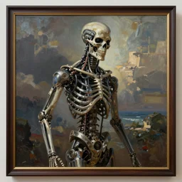 terminator steel skeleton, looking away from camera, framed painting, digital painting, concept art, hyperrealism vrubel