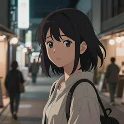 a beautiful girl with dark hair facing camera, japanese style street background, ambient lighting, dynamic lighting, 4k, official media, anime key visual, makoto shinkai, ilya kuvshinov, rossdraws, detailed, trending on artstation