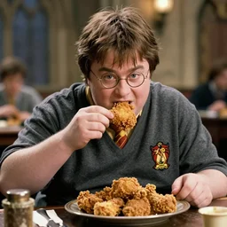 obese harry potter eating fried chicken, movie still