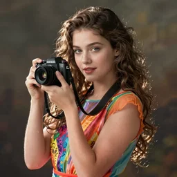 beautyful girl in colorful dress holds a camera, fine art photo portrait by sarah moon,